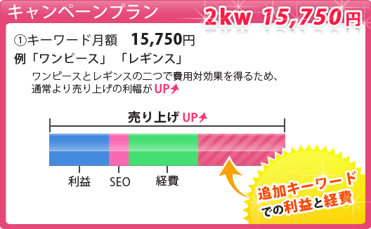 キャンペーンプラン。キーワード月額15,750円。「ワンピース」「レギンス」の二つで費用対効果を得るため、通常より売り上げの利益がUP。